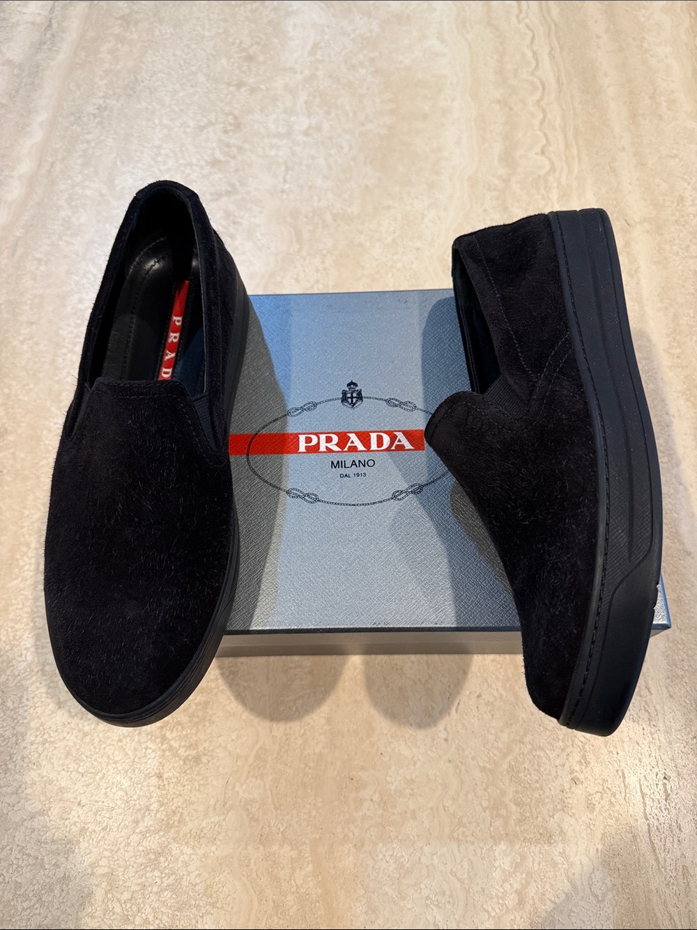 Prada Black Suede Slip-On Loafers